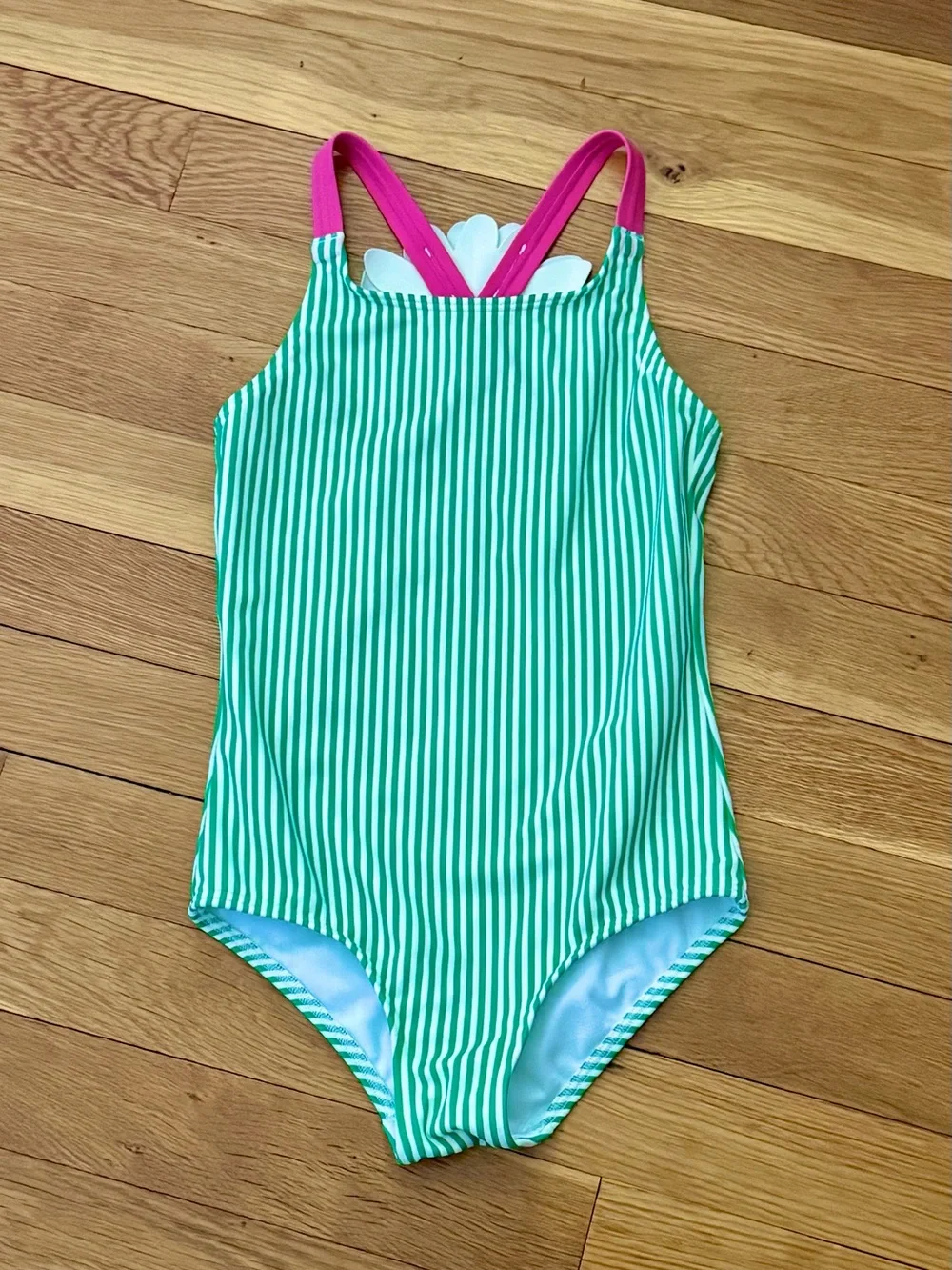 Mini Boden 5-6Y Flower Appliqué Back Green/White Striped Swimsuit